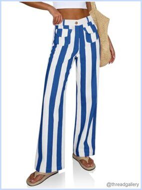 Striped Wide Leg High Waist Jeans Cotton Denim Casual Pants